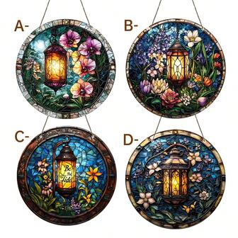 圆形亚克力悬挂装饰 - 彩绘玻璃花卉灯笼艺术牌匾，饰以鲜艳的紫色和黄色花朵、绿色叶子和月光背景，适用于家居、花园、教室墙壁/窗户/门廊装饰 - 乔迁礼物、悬挂装饰、窗饰、灯具和花卉设计