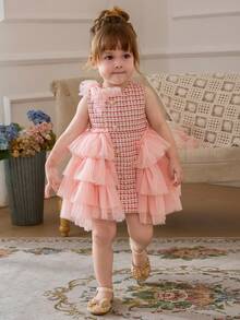 Baby Girls' Pink Mesh Patchwork Dress, Elegant Christmas Party Princess Dress, Suitable For 1st Birthday Party, Wedding, Thanksgiving - Pink - View 6