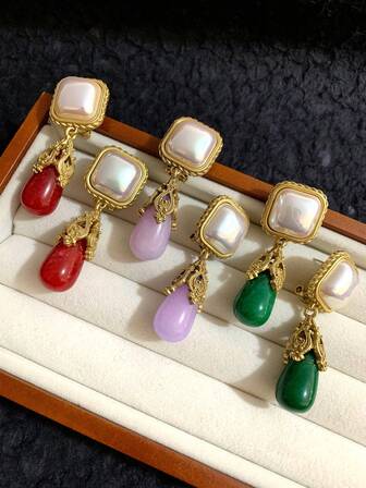 1 Pair Vintage French Style Alloy Colorful Water Drop Faux Pearl Natural Stone Pendant Earrings, Elegant Suitable For Women Daily, Party, Vacation