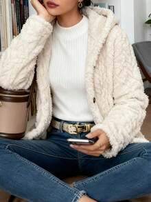 Textured Fuzzy Hooded Cardigan - Button-Up Cozy Winter Coat, Multicolor Soft Fall Outerwear For WomenD18-2 - trắng - Xem 3