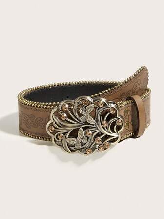 1pc Women's PU Leather Belt, Embossed Western Cowgirl Rock Style Retro Buckle Fashion Belt For Daily Wear