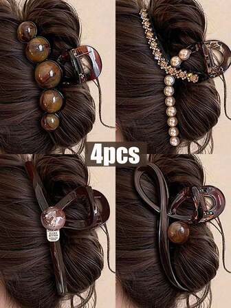 4개 고급 커피색 헤어 클립, 여성 패션 2025 신상 헤어 클립, 파티, 통근, 의상 매칭에 적합한 대용량 헤어 클로 겨울 헤어 액세서리 우아한 클로 클립