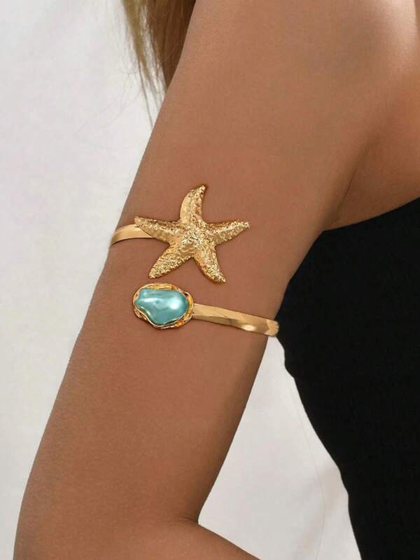 1 Pc Women's Fashionable New Starfish Bangle Open Baroque Pearl Style Bracelet, Suitable For Beach, Party, Wedding, Holiday, Music Festival, Gift