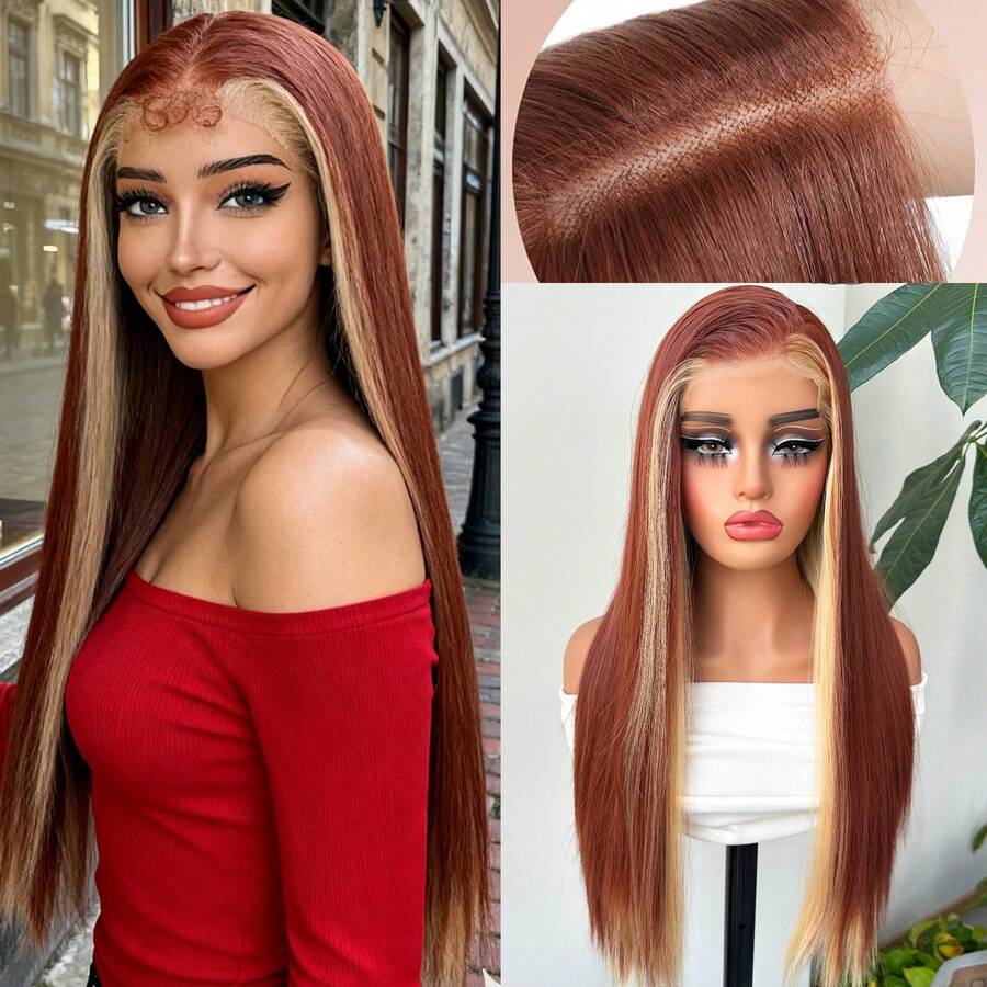 Halloween Christmas 13*4 Lace Front Wigs Straight Wigs With High Quality Synthetic Hair 28inch Highlight Red Wigs And Good Texture - 挑染紅色 - 查看 1