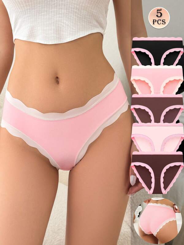 5pcs Sweet Ruffle Trim Briefs Set For Women Soft Skin-Friendly Comfortable Cute Women Underwear