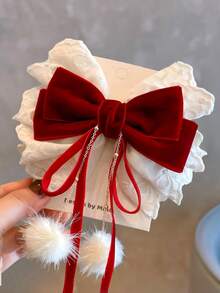 1pc Girls Elegant & Sweet Red Bow Hair Clip, Lace Velvet Bow Pearl Pom Pom Decor Ribbon Hair Accessory - Burgundy - View 5