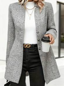 Gray Herringbone Textured Blazer - Tailored Fit Office Coat, Elegant Fall/Winter Outerwear For Women-D22-1 - 灰色 - 查看 2