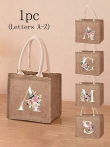 Mini Blumen Buchstaben bedruckter Leinen Shopper, Einkaufstasche Handtasche für Frauen Mode Jutegewebe Einkaufstasche, tragbare Tasche für Lehrer, ideal für Einkaufstasche, Lunch Tasche, es ist ein Geschenk für Frauen, Mütter, Lehrer, Freunde, Brautjungfern, Liebhaber, Studenten, geeignet für Dates, Geburtstag, Feste, Rückkehr zur Schule, Urlaub, Strand, Reisen, Pendeln, Geschäft, Studenten, Picknick, Camping, Supermarkt, tägliche Aufbewahrung