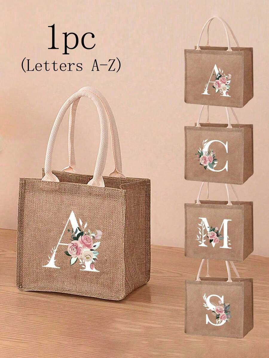 Mini Blumen Buchstaben bedruckter Leinen Shopper, Einkaufstasche Handtasche für Frauen Mode Jutegewebe Einkaufstasche, tragbare Tasche für Lehrer, ideal für Einkaufstasche, Lunch Tasche, es ist ein Geschenk für Frauen, Mütter, Lehrer, Freunde, Brautjungfern, Liebhaber, Studenten, geeignet für Dates, Geburtstag, Feste, Rückkehr zur Schule, Urlaub, Strand, Reisen, Pendeln, Geschäft, Studenten, Picknick, Camping, Supermarkt, tägliche Aufbewahrung