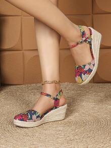 Women's Linen Rope Wedge Sandals, Casual Elastic Band Thick Bottom Shoes. Closed Toe Round Toe Hollow Breathable Platform High Heel Straw Woven Shoes, Fisherman Sandals With Crossed Elastic Velvet Linen Rope Wedge Sandals, Beach Bohemian Buckle Holiday Party - Nhiều màu - Xem 2