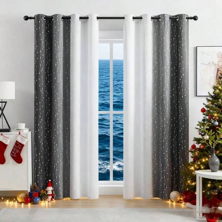 1pc Rainbow Gradient Blackout Curtain, Thermal Insulated, Top Eyelet, Darkens Entire Room, Suitable For Living Room, Bedroom, Balcony, Home Decor, Holiday Gift - Black and White - View 1