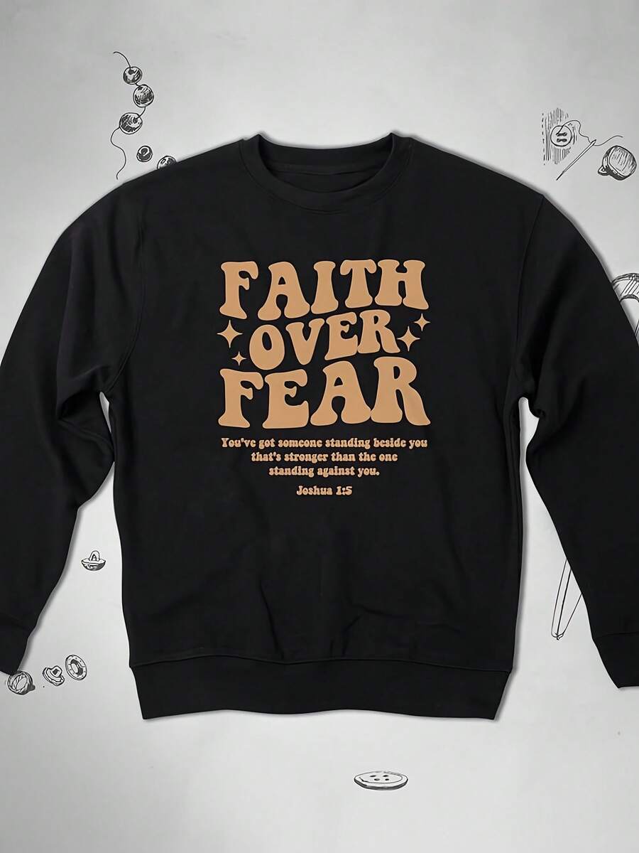 Bible Verse Sweatshirt Graphic Design With Religious Quote Saying Faith Over Fear Cistian Crewneck Sweatshirt Gift,Autumn/Winter Hoodie Autumn Set - Gaya 12 - View 1