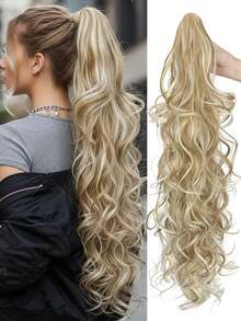 Synthetic 32 Inch Long Body Wave Ponytail Hair Extension Heat Resistant Claw Curly Wavy Ponytail Hairpieces For Women Blonde With Brown Daily Party Festival Use - Multicolor - View 3