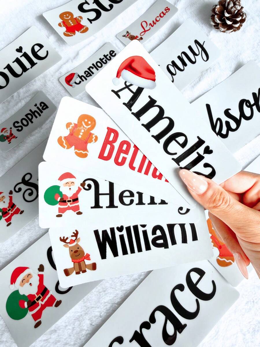 1/35pcs Ersonalized Christmas UV Sticker Sets, Custom Name UV Stickers, Exclusive Name UV Stickers, Waterproof Creative Stickers For Phone Cases, Water Bottles, Christmas Decorations, Christmas Gift Decorations, Personalized Waterproof UV Stickers For Gift Wrapping And Luggage, Quirky Christmas UV Stickers
