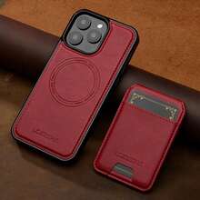 可拆卸磁吸无线充电仿皮手机壳，兼容 17 Air 16e 15 14 13 Pro Max S26 S25 Edge S24 Ultra Plus A37 A57 Pixel 10 9 8 7，带卡槽，3 个卡位，防盗卡袋 - 紅色 - 查看 40