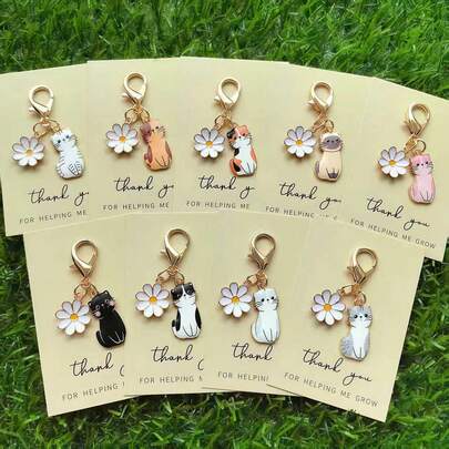 9pcs Cute Cat & Daisy Keychain Set With Thank You Card - Adorable Tabby Cat And Daisy Charms, Heartfelt Message, Portable & Durable, Suitable For Christmas, Teacher's Day, Graduation, Birthday And More - Unisex, Bag/Key Chain Decor, Thoughtful Gift, Floral Charm, Cartoon Design, High-Quality Craft, Compact Accessory, Animal Themed Souvenir