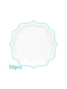 10个/20个/50个装优雅白蓝边扇形纸盘，浅蓝色花卉边饰，浅粉色7英寸甜点/小吃盘，9英寸一次性纸盘，适用于生日派对、婚礼、性别揭晓派对装饰 - 藍邊 - 查看 7
