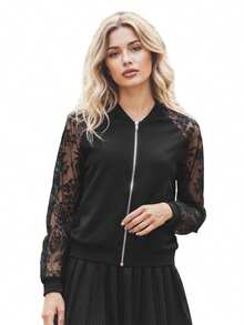 Women  Baseball Jacket Patchwork Lace Long Sleeve Zip-Up Bomber Coat For Winter Fall