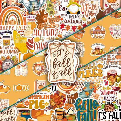 50pcs Happy Fall Cartoon Maple Leaf Warm Healing English Minimalist Ins Style Decorative Stickers For Water Cups, Journals