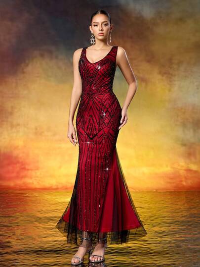 LVNES 1920s Gatsby Prom Dress, Glamorous Crimson-Black Art Deco Beaded Mermaid Evening Gown
