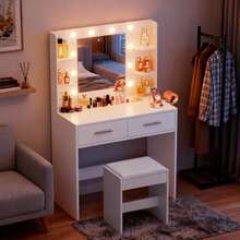 Furniwell Make Up Vanity Desk With Mirror And Power Outlet, Vanity With 3 Color Light Options Adjustable Brightness,Vanity Desk With 2 Drawers, 6 Storage Shelves With Bench