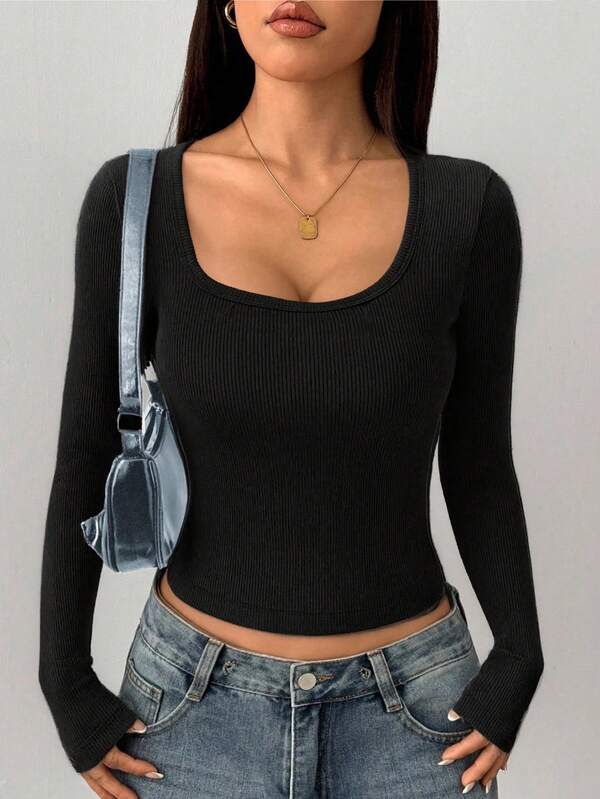 Women's Black Slim-Fit Square Neck Ribbed Long-Sleeve Layering Top