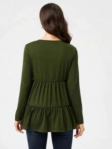Fashionable Solid Color Round Neck Long Sleeve Maternity Nursing Top, Casual Cute Knit Fabric Suitable For Beach & Vacation - Green - View 6