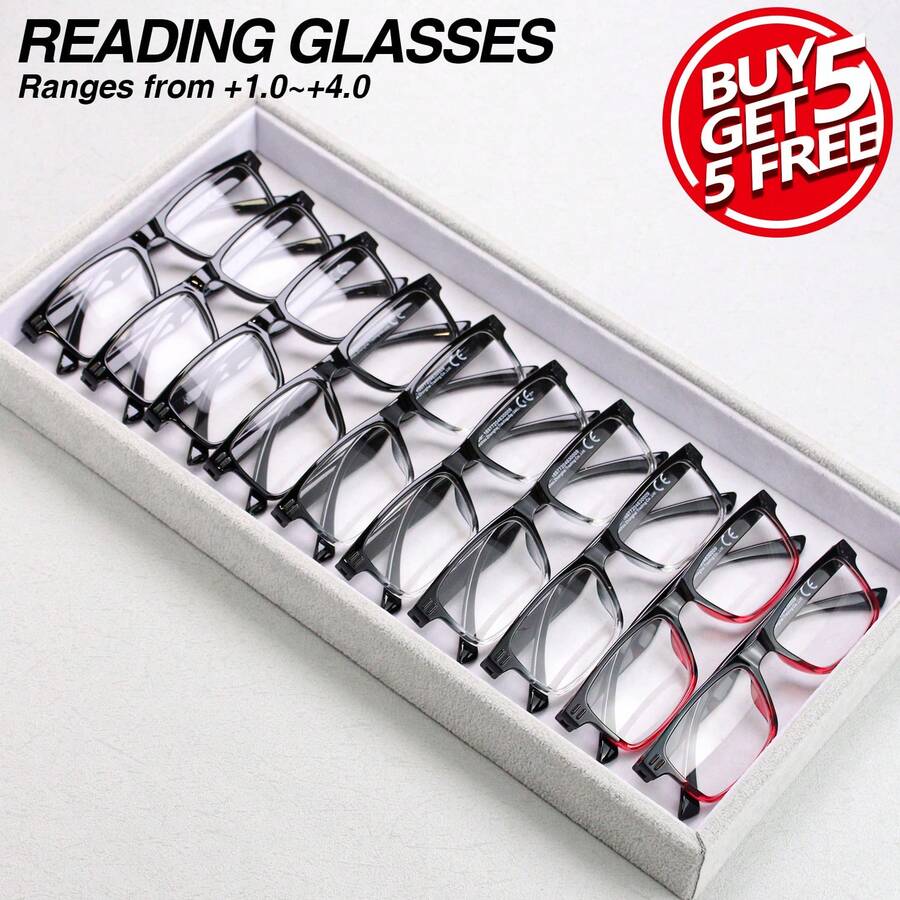 10副经典方形老花镜，黑色镜框搭配渐变透明镜片，舒适超轻镜架，价格实惠的老花镜，适合日常阅读 - 4黑+4黑白+2漸紅 - 查看 1