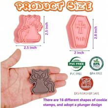 16 Pcs Halloween Cookie Cutters, 3D Cookie Cutter With Plunger Stamp, Halloween Cookie Molds -Ghost, Bat, Pumpkin, Cat, Castle,Tombstone, Witch, Spider, Skull, Etc.,27314957 - 中紫紅色 - 查看 2