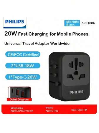 PHILIPS SPB1006B Travel Adapter PD20W Fast Charging 2A1C Universal For UK, Europe, America, Australia, Japan, And Singapore - Suitable For International Travel