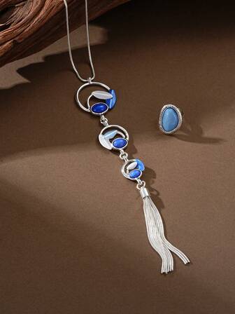 Cring Coco 2pcs Bohemian Style Zinc Alloy Resin Inlaid Jewelry Set, Long Chain Tassel Necklace & Adjustable Ring, Suitable For Women Daily, Party, Festival, Valentine's Day, Jewelry Accessories Gift