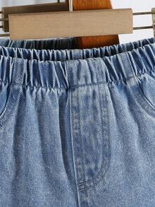 2件套女童户外休闲圆领爱心图案可爱纽扣牛仔衬衫和宽松阔腿直筒牛仔裤套装 - 淺色水洗藍 - 查看 6