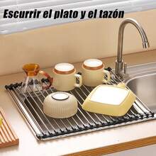 Estante de escurridor de platos para fregadero de cocina multifuncional con alfombrilla de secado de platos, estante de escurridor de platos enrollable y plegable de acero inoxidable - Negro - Ver 3