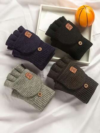 Un par de guantes térmicos de lana para invierno, con diseño de tapa abatible y engrosados, adecuados para trabajo, escritura, tareas de estudiantes, de unicolor tejido, diseño de tapa abatible, resistentes al frío, estilo de hombre para calentar las manos