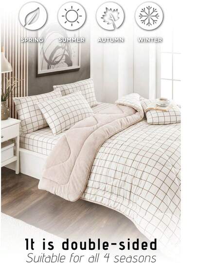 Wyprodukowano w Turcji – 4-sezonowy zestaw kołder dwustronnych – rozmiar podwójny 195 x 215 cm – przewiewna bawełna na lato i ultramiękka Welsoft na zimę – można prać w pralce – zawiera 2 dekoracyjne poszewki na poduszki