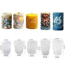 1个贝壳、章鱼、帆船图案圆柱形工艺蜡烛制作硅胶模具，海洋系列