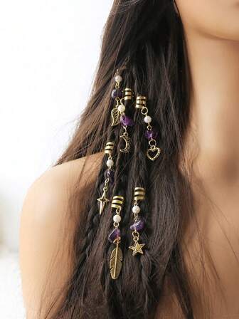 36件套女士编织发饰，紫色水晶珠，金色发夹，夏季沙滩编织发饰，新年圣诞节发圈