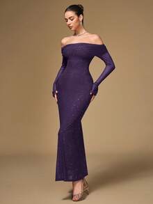 PARTHEA Đầm dài trễ vai xếp ly đính sequin lưới thanh lịch cho mùa xuân - Màu tím - Xem 4