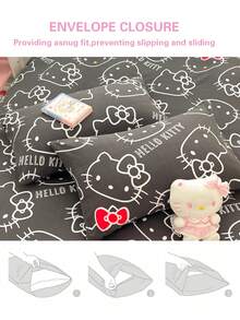 SANRIO 2/3pcs  Bedding Set - /// (1pc Duvet Cover + 1/2pc Pillowcase, No Filling) Cute Cartoon Full Size, Soft & Comfortable, Suitable For Dorm, Home Bedroom, Hotel, All Seasons, With Zipper Closure And Pillowcase, Multi-Color Durable, Oversized Bedding Set, Oversized Duvet Cover Set - KT đen trắng - Xem 3