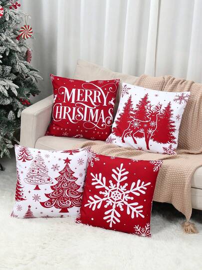 Christmas Red Pillow Cover 4Pcs Set Happy Holiday Deer Snowflake Tree Pattern 45x45CM Peach Skin Fabric Festive Cushion For No Insert Decorations Party Decor