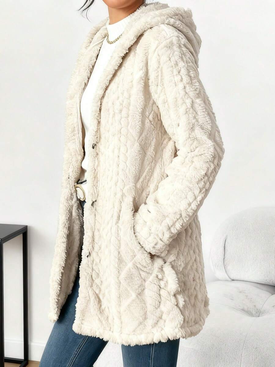 Textured Fuzzy Hooded Cardigan - Button-Up Cozy Winter Coat, Multicolor Soft Fall Outerwear For WomenD18-2 - trắng - Xem 1