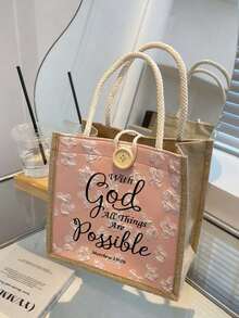 Sac fourre-tout imprimé de lettres, sac fourre-tout réutilisable imprimé pour femmes, sac de courses/école à double poignée, sac à bandoulière de grande capacité, sac fourre-tout décontracté, sac de rangement de Noël, convient pour le trajet, l'école et les courses, pratique pour une utilisation extérieure, cadeau pour les amis et les meilleures amies, choix parfait pour les vacances et les festivals, cadeau de Noël - Multicolore - Voir 3