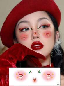 （12片/套）圣诞腮红临时纹身贴纸，卡通可爱圣诞妆容装饰，适合派对，包含各种圣诞元素，如圣诞树、雪花、铃铛、礼物、雪人、拐杖糖、蝴蝶结等。非常适合与朋友一起装饰或作为圣诞礼物。 - 彩色 - 查看 4