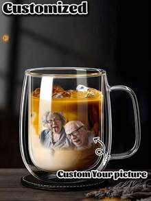 1pc Customized Minimalist Luxury Double-Layer Insulated Quality Glass Coffee Cup, Transparent, With Portable Handle, Suitable For Cappuccino, Latte, Tea, Hot & Cold Beverages, Ideal For Easter, Christmas, Birthday Parties And More - Multicolor - View 5