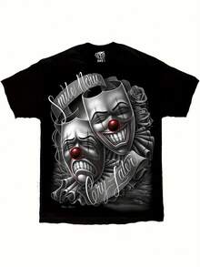 Men'S Vintage Lowrider Chicano Art T-Shirt - "Smile Now Cry Later" Mask Design, Black Cotton Crew Neck, Casual Streetwear For All Seasons, Casual Streetwear |   Vintage Style Tee |   Comfortable Fit, Chicano T Shirt - màu đen - Xem 1