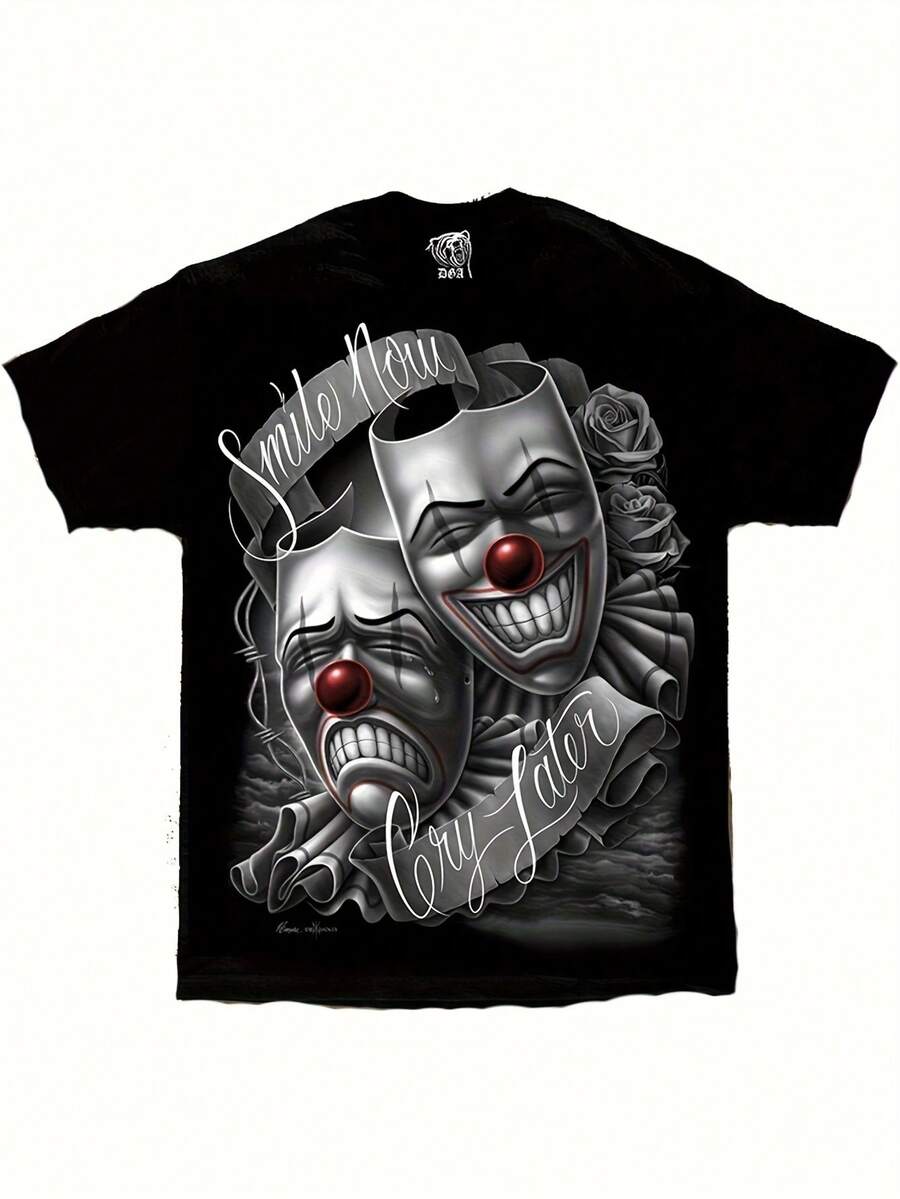 Men'S Vintage Lowrider Chicano Art T-Shirt - "Smile Now Cry Later" Mask Design, Black Cotton Crew Neck, Casual Streetwear For All Seasons, Casual Streetwear |   Vintage Style Tee |   Comfortable Fit, Chicano T Shirt - màu đen - Xem 1