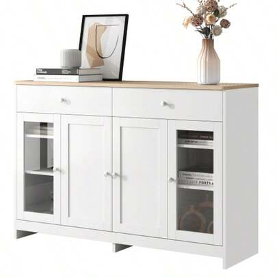 Sideboard With White Wood Grain, Four Doors, Two Drawers, One Door With Glass. Living Room, Dining Room. Wood Color And White.