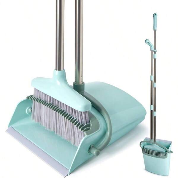 Broom And Dustpan Set Home, Broom With Dustpan Cleaning Teeth Combo Set, Indoor Sweep Broom, 55u201D Long Handle Broom Office Home Kitchen Lobby Floor, Bluish Green