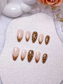 10片手工制作杏仁棕色和白色波点可爱简约时尚假指甲 - 彩色 - 查看 7