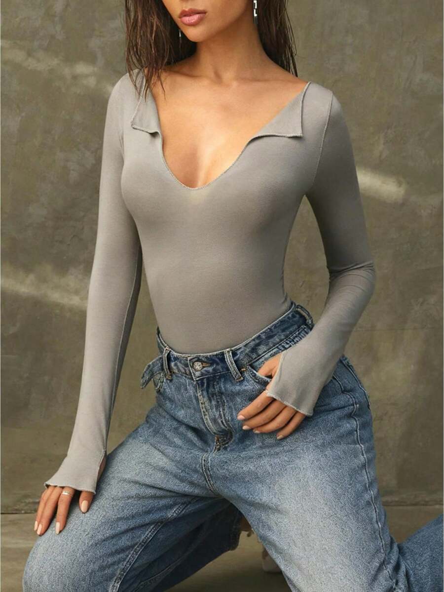 Long Sleeve Shirts For Women V Neck Ribbed Knit Fitted Fall Basic Tshirts Going Out Tops 2026 Fall Casual  T Shirt Blouse Outfits Clothes - 灰 - 查看 1